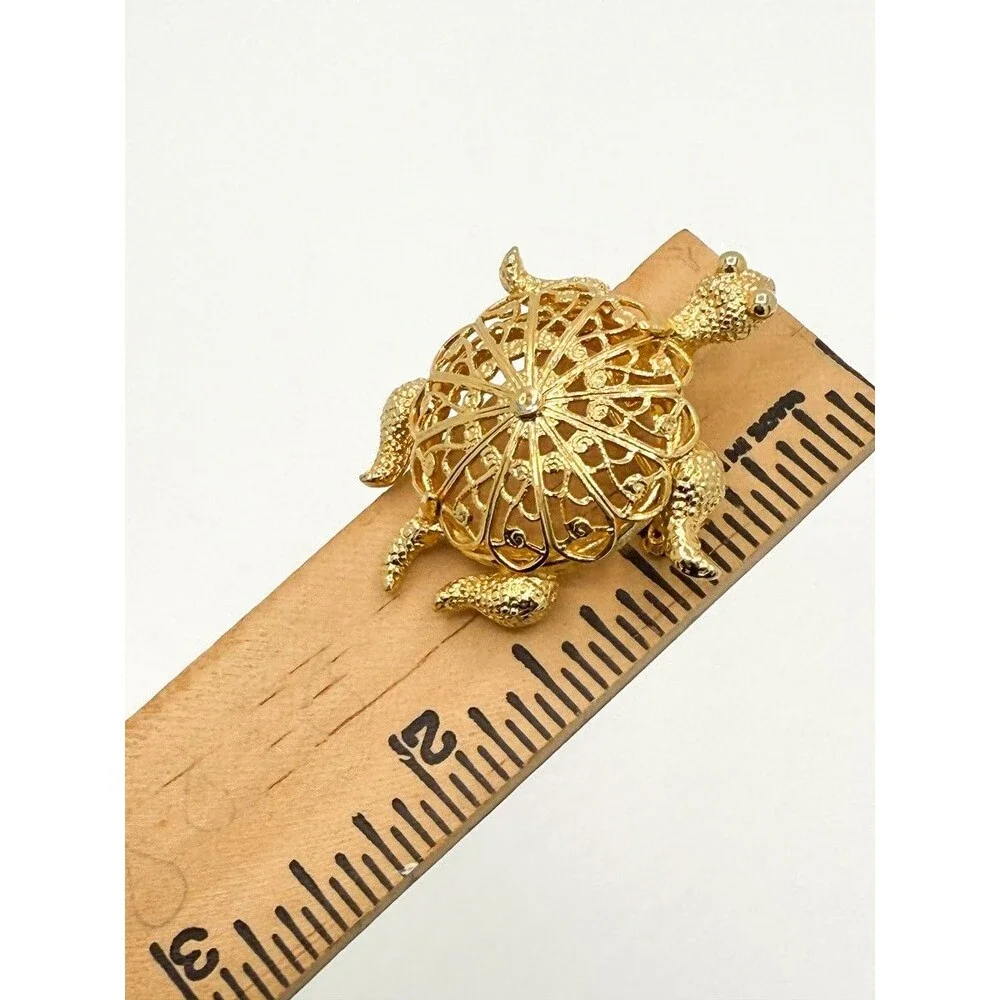 Turtle gold tone filigree pin brooch 1.5